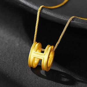 周六福周大福黄金吊坠h字母足金项链9999黄金细款锁骨链硬金坠子