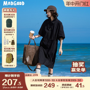 madgood马得工地日系宽松百搭轻薄纱卡户外抽褶工装连衣裙 女款