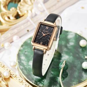 carlex卡乐时孔雀绿小绿表石英表皮带防水女士手表女复古方形腕表