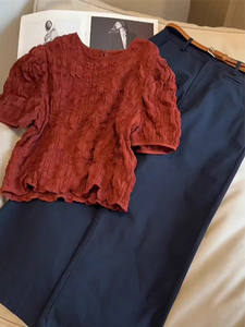 砖红色泡泡褶皱短袖衬衫设计师款女装小众法式掐腰小香风夏装上衣
