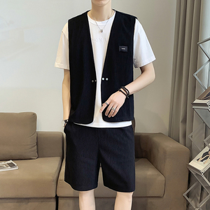 卡宾鼠夏季马甲男士短袖t恤潮牌潮流休闲套装男装2022新款一套搭