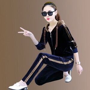 kappa背靠背金丝绒运动套装女春秋2022新款时尚宽松连帽两件套潮