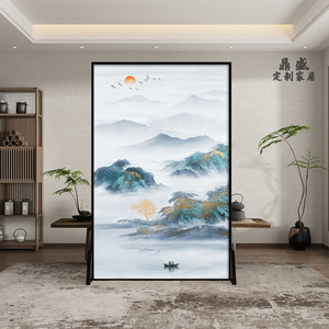 中式山水画屏风隔断办公室公司茶室酒店客厅现代简约双面遮挡玄关