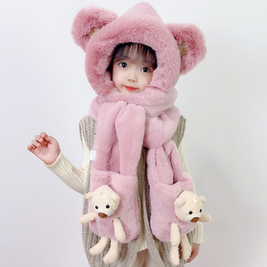 儿童帽子冬季宝宝加厚护耳保暖毛绒手套围巾一体男女童三件套可爱