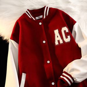 vibe美式复古酒红色棒球服女秋冬季ins潮小众欧美vintage加厚外套