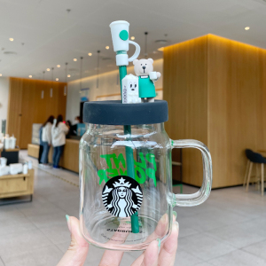 星巴克玻璃吸管杯小熊杯子环保季绿围裙吸管杯大容量杯咖啡杯带盖