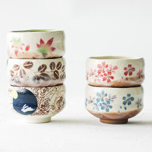 日本进口樱花月兔子红枫叶日式美浓烧粗陶瓷抹茶碗煎茶杯子汤碗