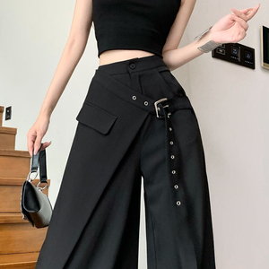 黑色西装阔腿裤裙女夏季薄款ins潮设计感假两件休闲裤垂感拖地裤
