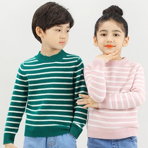 暖绒世家儿童100%纯羊毛衫男童套头毛衣女童圆领加厚打底衫拼色
