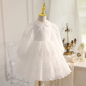 女童周岁生日礼服白色公主蓬蓬裙长袖高端洋气婚礼花童礼服演出服