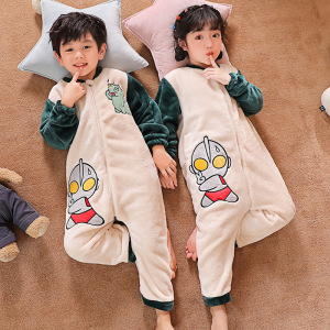 儿童连体睡衣男童奥特曼法兰绒秋冬季加厚卡通女孩珊瑚绒宝宝防踢