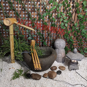 日式流水石钵景观水钵庭院枯山水景装饰石头水钵盆小沙弥石灯摆件