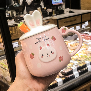 水杯子女可爱少女陶瓷杯创意带盖带勺马克杯高颜值女生超萌兔子