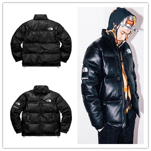 the north face北面联名supreme羽绒服皮面皮质防风保暖外套男 潮