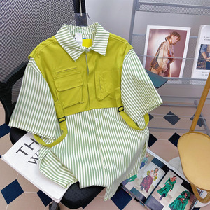 潮牌工装假两件短袖衬衫男女夏季设计感小众衬衣Polo衫芥末绿上衣