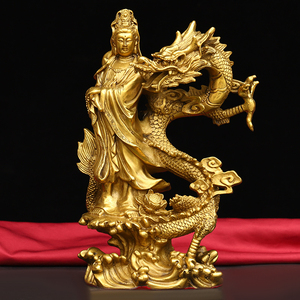 九龙观音纯铜骑龙观音摆件双龙戏水观音家居供奉神像礼品站龙观音