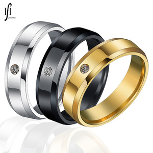 欧美饰品货源 不锈钢时尚简约8mm斜边光面带一颗钻戒指可混批