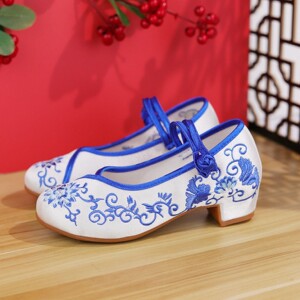 儿童古代高跟鞋女中高跟民族风舞蹈坡跟圆头旗袍绣花鞋汉服鞋子