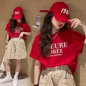 巴­拉巴­拉女童短袖T恤夏季新款韩版洋气女大童红色字母打底衫儿