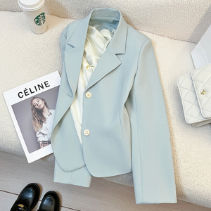 蓝色短款西装外套女小个子2024春季新款韩版设计感休闲气质小西服