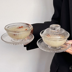 锤纹燕窝盅带盖玻璃碗糖水碗甜品碗银耳汤碗透明中式碗碟套装家用