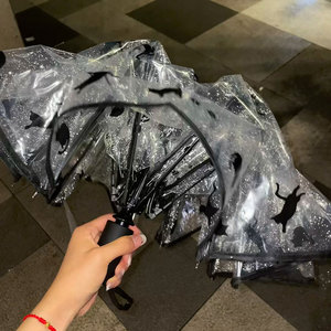日系黑色小猫咪雨伞透明折叠高颜值可爱全自动加固长柄大号ins新