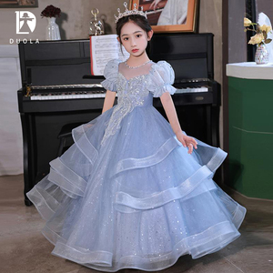 钢琴演奏礼服女童蓝色公主裙10岁生日圆锁小学生幼儿园六一主持人