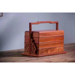 。花梨全独三层提篮红木中式复古食盒实木点心盒送礼收藏提盒