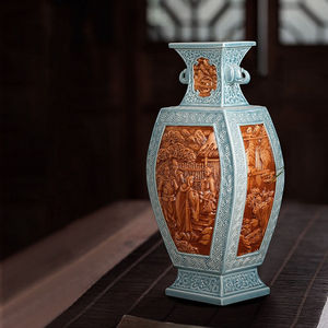 景德镇陶瓷花瓶仿古手工影青雕刻八仙过海人物瓷瓶办公室客厅摆