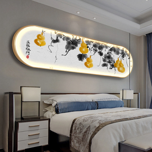 新中式床头卧室装饰画带灯五福临门主卧壁灯葫芦led发光房间挂画