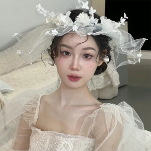 新款法式复古花朵头纱新娘主婚纱礼服配饰品影楼摄影造型高级大气