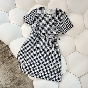 dior/迪奥 2022春夏新款千鸟格短袖圆领腰带收腰显瘦中长连衣裙女