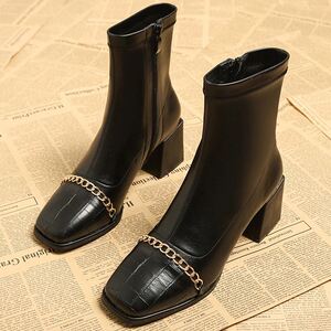 粗跟网红弹力瘦瘦靴百搭显瘦中高跟短靴女2021新款秋冬单皮靴