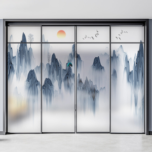 中国风靠山玻璃贴纸无水山水画办公室客厅玄关装饰静电磨砂贴膜