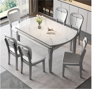 新款简欧岩板餐桌椅组合家用轻奢现代简约吃饭桌子可伸缩折叠变圆