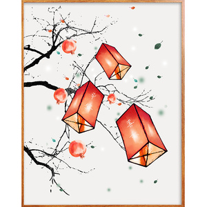 数字油画diy填充色植物中式孔明灯手工绘装饰中国风三拼三联