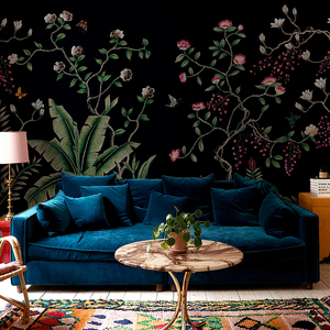 蝶舞紫林 夏木芳菲花鸟沙发客厅床头背景墙壁纸 现代中式定制壁布