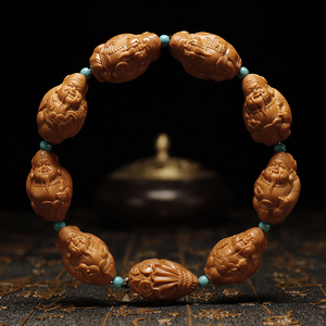 橄榄核手串财神 核雕手串八大财神男款文玩佛珠手串老油核1.7大籽