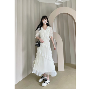 Xiaojunjun布兰妮微醺甜酒2.荷叶边短袖连衣裙女夏季新款显瘦长裙