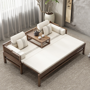 新中式老榆木实木罗汉床现代简约小户型客厅抽拉式推拉床现代改良