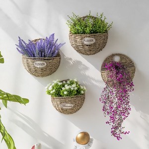 创意田园藤编花篮挂墙绿植花盆壁挂墙面装饰房间餐厅饭店墙上挂饰