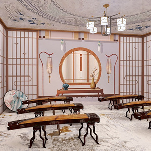 中式古典国粹古筝教室壁纸古风装饰背景琴行音乐工作室舞蹈室墙纸