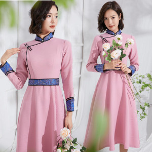 蒙古元素改良盘扣高端旗袍民族风中长款连衣裙子斜襟日常蒙古袍女