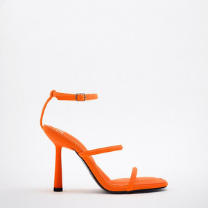 ZA KQ夏季新品TRF女鞋橙色绗缝鞋垫细带高跟细跟一字带凉鞋女露趾