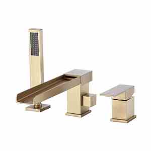 蜂虎鸟精铜黑色三孔花洒浴缸龙头分体式瀑布式冷热缸边水龙头套装