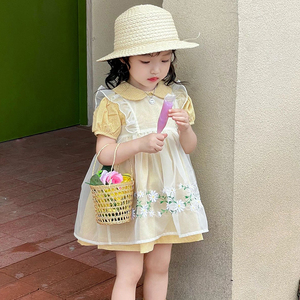 女童韩版2024夏季新款复古刺绣连衣裙女宝洋气短袖黄色格子公主裙