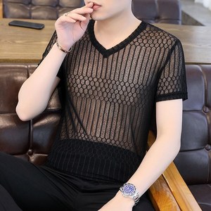 夏天男生网衣半透明短袖打底衫网状镂空网衫热天透气网纱半袖t恤