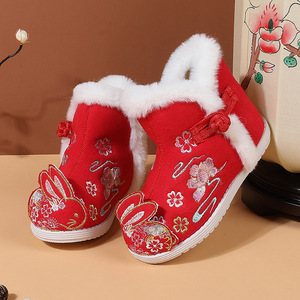 冬季儿童新款汉服靴子加绒中国风兔子棉鞋小女孩古装靴女童绣花鞋