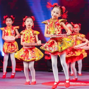 元旦儿童喜庆打鼓服装说唱中国红表演太平女儿鼓舞蹈小梦娃演出服