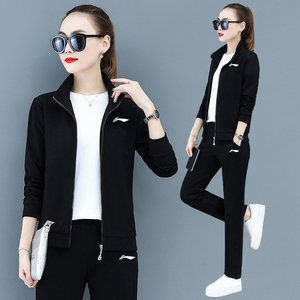 李宁运动套装女纯棉秋冬季休闲洋气显瘦气质加绒加厚跑步两件套